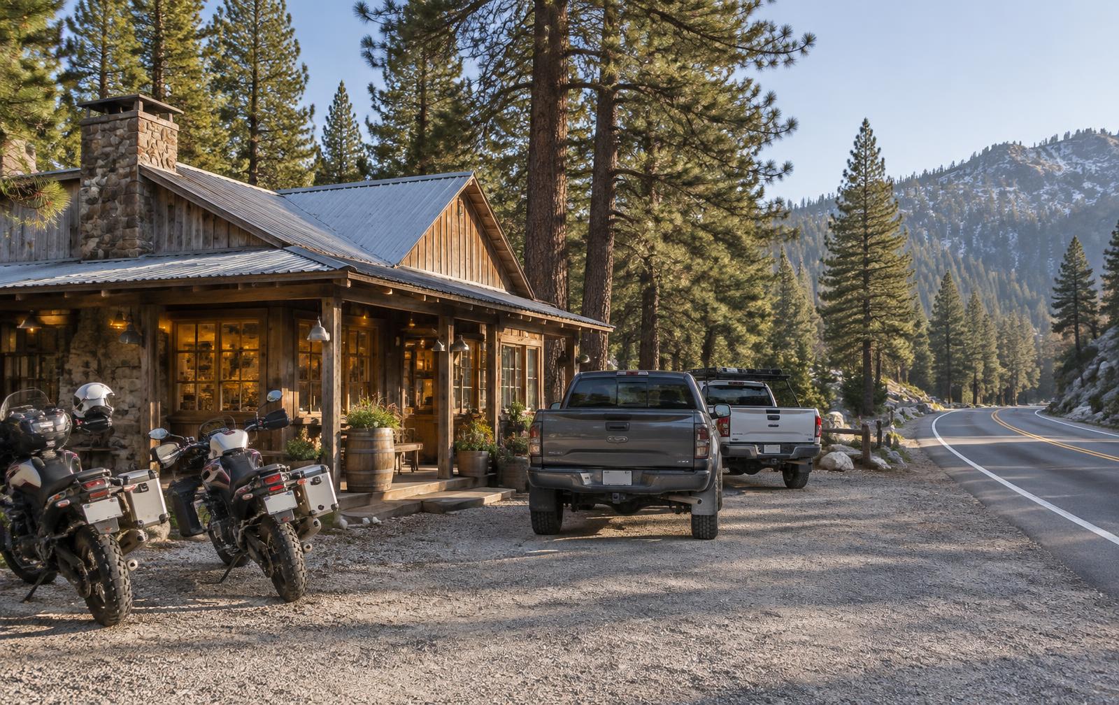 Rustic café beside a two-lane mountain highway under tall pines