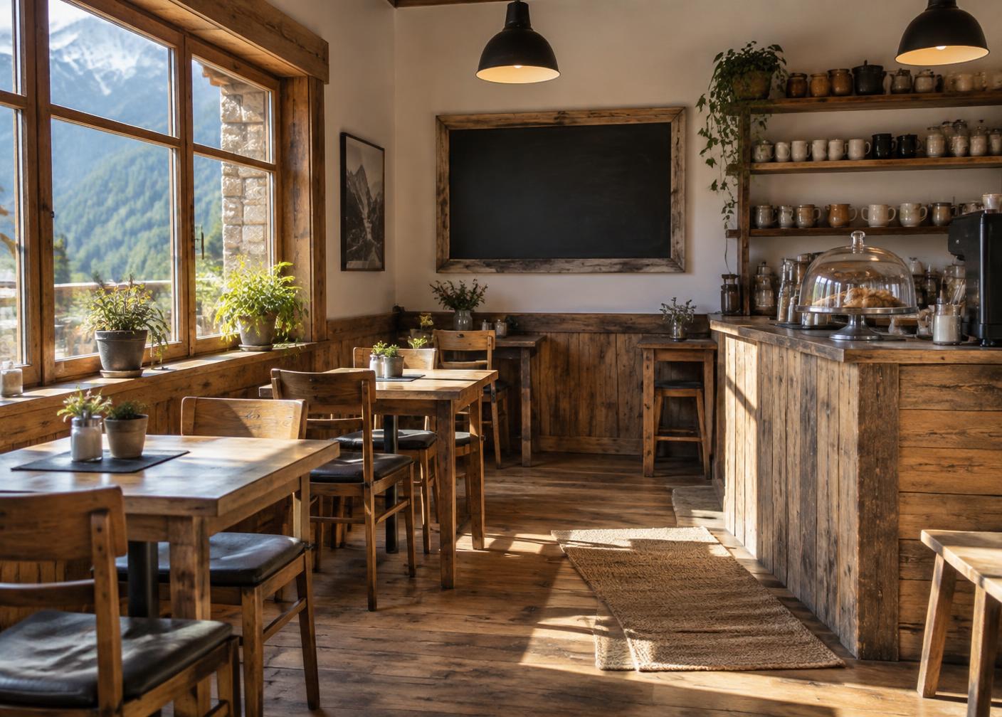 Warm wooden café interior with tables, mugs on shelves and morning light