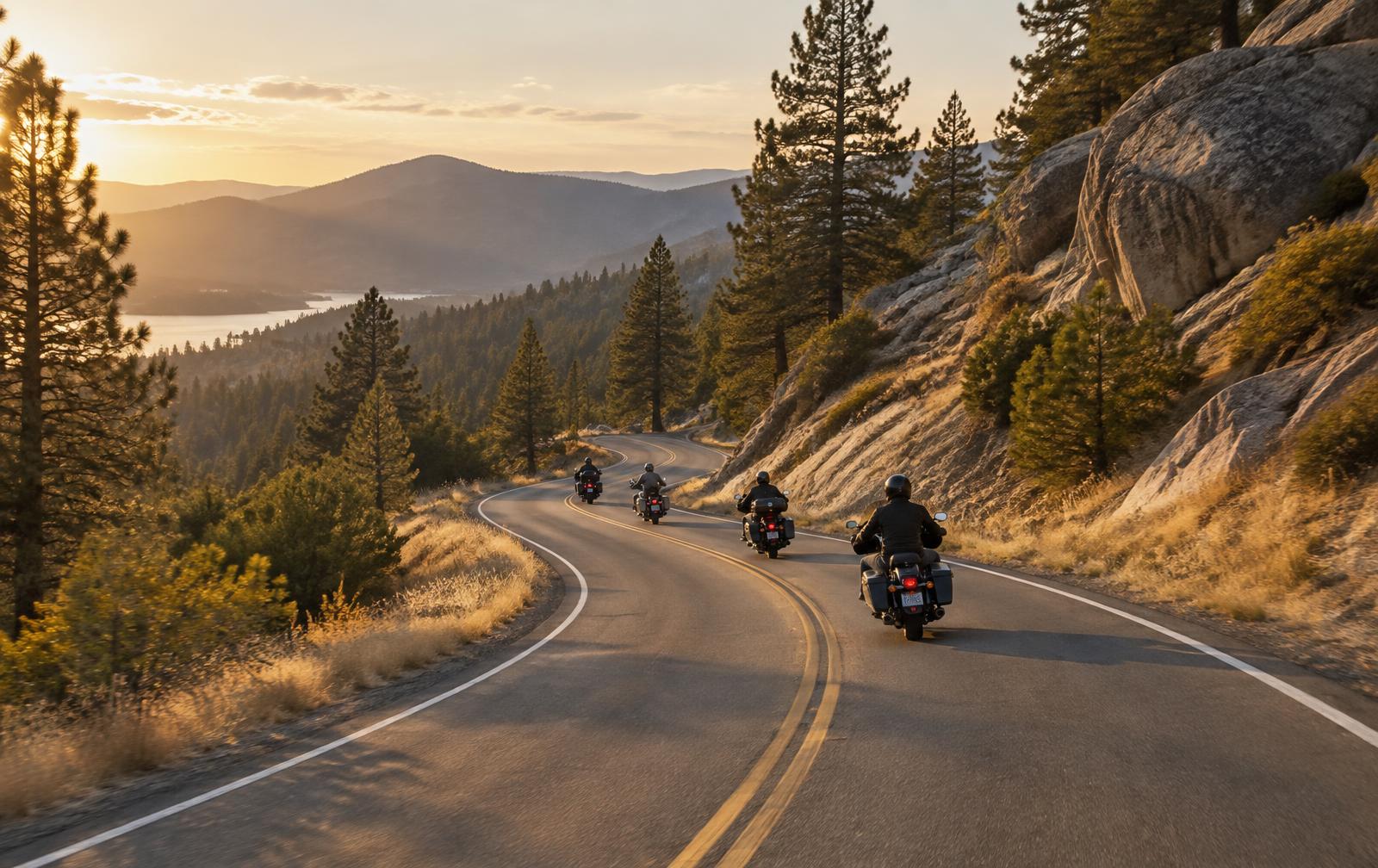Motorcycles riding a winding foothill highway in golden light